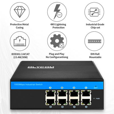 Sakelar Ethernet PoE 8 Port Jaringan Industri Tidak Terkelola 120W/240W DC48V Berperingkat IP40