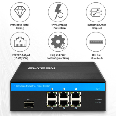 Gigabit Unmanaged Fiber Optic Switch 180W Active POE Din Rail Untuk Kamera IP