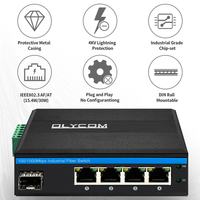 Sakelar SFP PoE 5 Port Gigabit Jaringan PoE/PoE+ Anggaran 120W DC48V Tanpa Kipas CE FCC