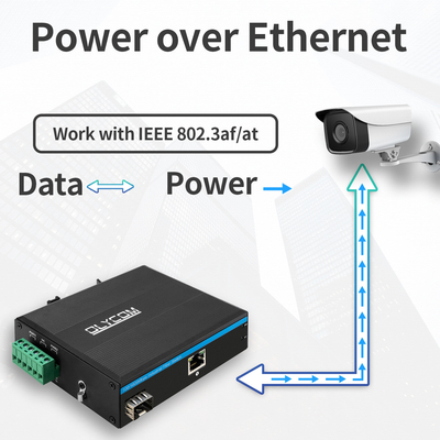 Konverter Media PoE Industri 30W Slot SFP 100M/1000M Gigabit Ethernet Tidak Terkelola