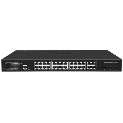 24 Port PoE Switch Gigabit Berbasis L2 L3 Smart Managed 300W Budget Dengan SFP Uplink 1U Rack