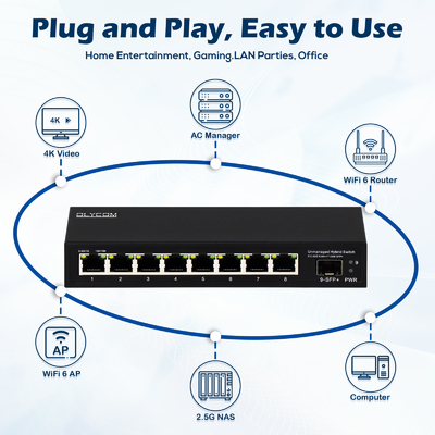 9 Port Unmanaged 2.5G Ethernet Switch Dengan 10G Uplink SFP Port 60Gbps Backplane Bandwidth