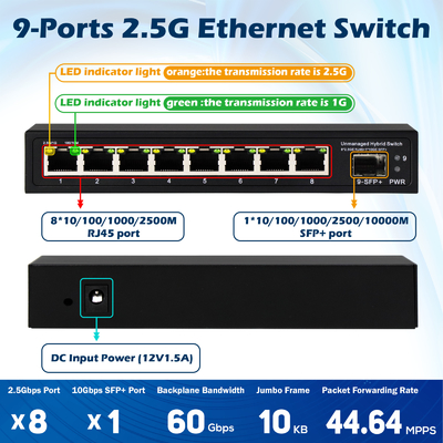 9 Port Unmanaged 2.5G Ethernet Switch Dengan 10G Uplink SFP Port 60Gbps Backplane Bandwidth