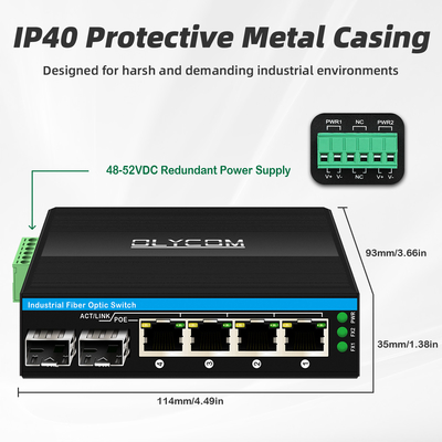 Mini 6 port gigabit Ethernet switch poe switch din rail 2 sfp+ 4 RJ45 DC48-52V dual power input