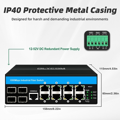 Sakelar terkelola Gigabit 12 port sakelar ethernet 4SFP+8RJ45 DIN-Rail input daya ganda