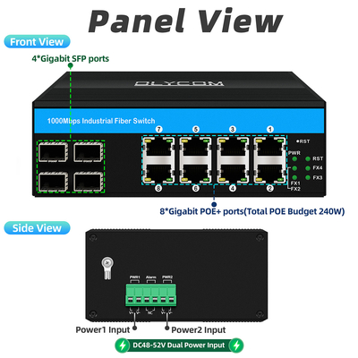 8 port Gigabit POE Switch Industrial Ethernet Switch 4SFP+8RJ45 DC48V Masukan daya ganda