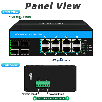 12 Port Industrial Ethernet Switch DIN Network Switch 4SFP+8RJ45 DC12-52V Suplai Daya Ganda