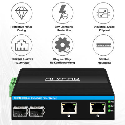 Saklar POE Industri dengan 2 Port SFP + 2 Port RJ45 Perlindungan Lonjakan 6KV dan Input Daya DC48V untuk Penggunaan Luar Ruangan