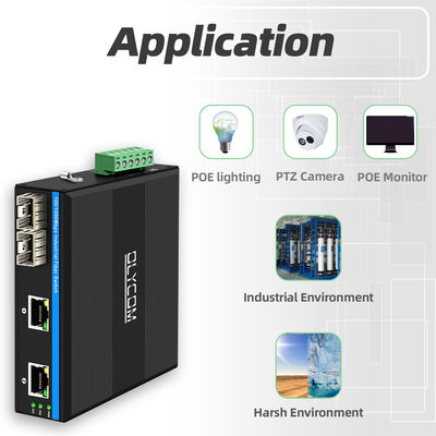 Saklar POE Industri dengan 2 Port SFP + 2 Port RJ45 Perlindungan Lonjakan 6KV dan Input Daya DC48V untuk Penggunaan Luar Ruangan