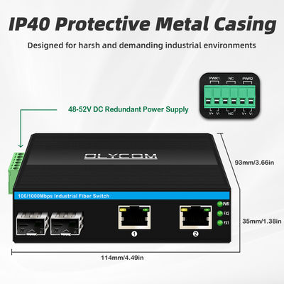 Saklar POE Industri dengan 2 Port SFP + 2 Port RJ45 Perlindungan Lonjakan 6KV dan Input Daya DC48V untuk Penggunaan Luar Ruangan
