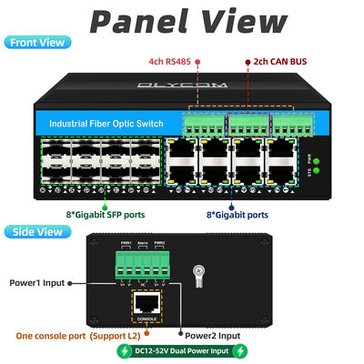Sakelar Serat Industri Terkelola Dengan CAN Bus RS485 6 Port Penggunaan Keras Tanpa Kipas Berperingkat IP40