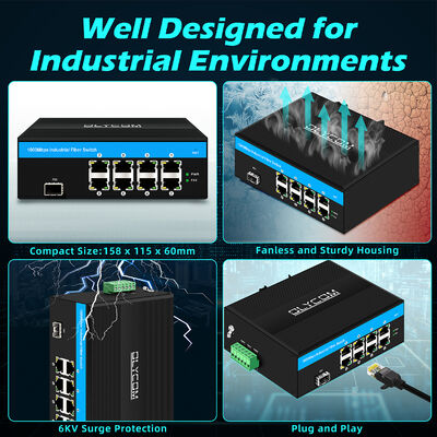 8 Port Industrial POE Switch dengan 6KV Surge Protection dan 240W Total Budget untuk CCTV Systems