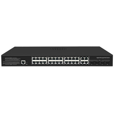 Saklar PoE Komersial Terkelola 24 Port 300W dengan 4 Uplink Gigabit Ditenagai AC Tunggal