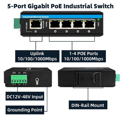 4 Port Voltage Booster PoE Switch DC12-48V Input Untuk Sistem Tenaga Surya