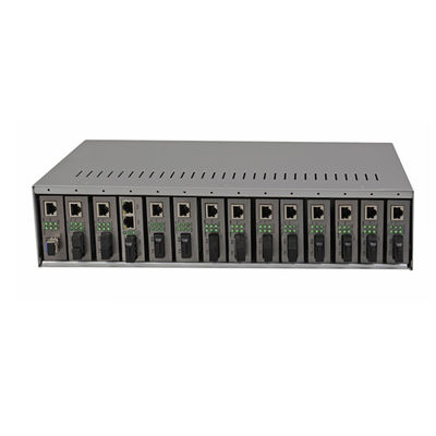 Sasis Rak Konverter Media 14 Slot 19 Inci 2U Ganda AC220V Untuk Konverter Media Serat CE