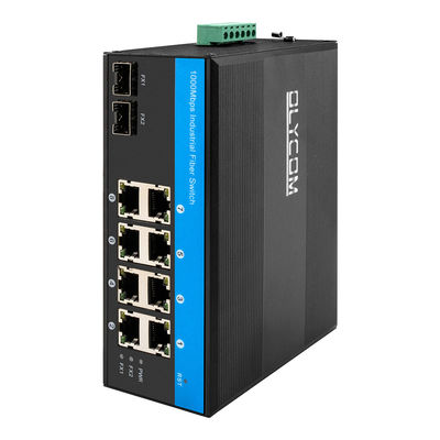 10 Port Gigabit Industrial Network Switch SFP Fiber Uplink Din Rail Tidak dikelola